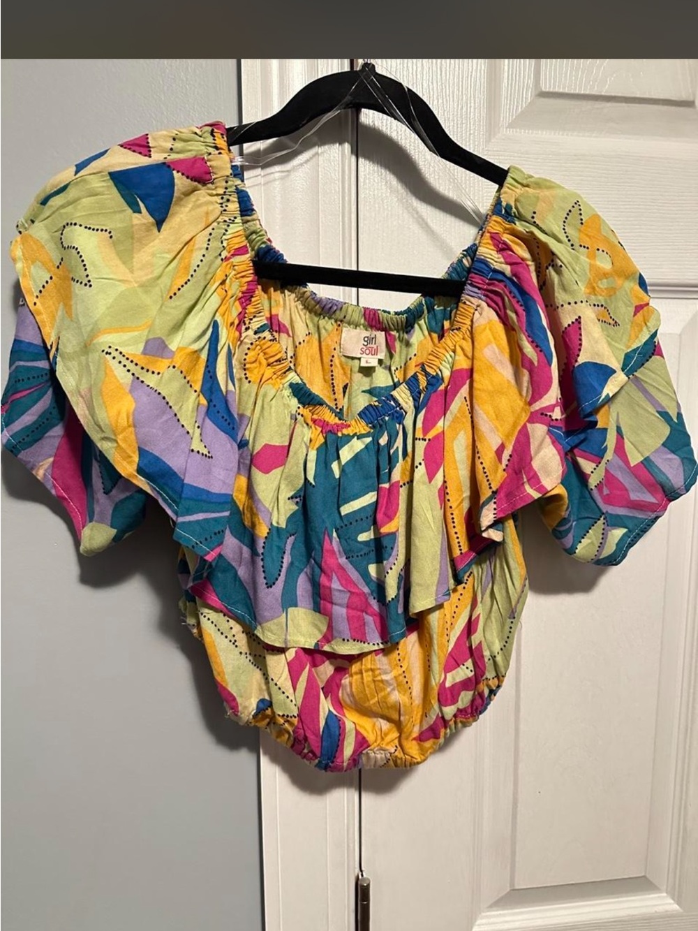 s Multicolor Ruffled Off-Shoulder Top - Yellow/Magenta/Teal
